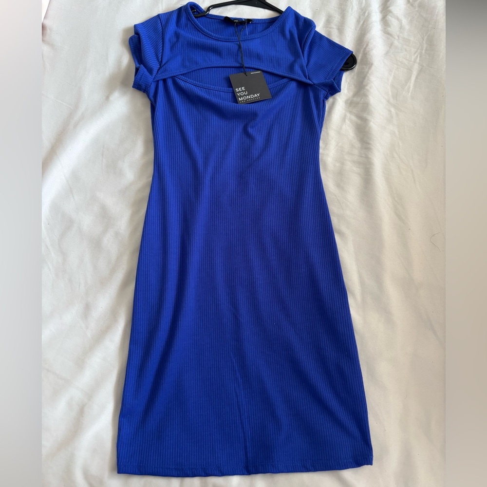 See You Monday Blue Asymmetrical Tie Front Mini Dress